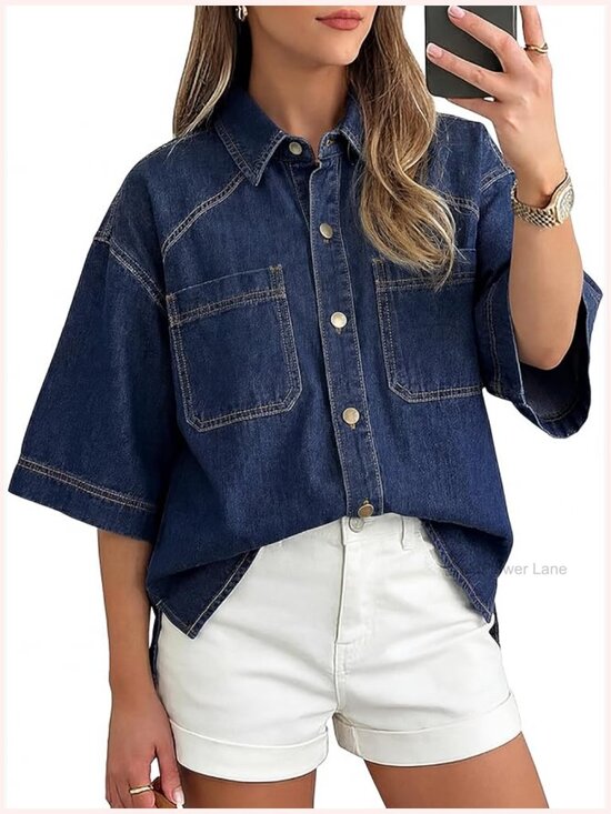 Tops - Short Sleeve Denim Button Down Shirt Relaxed Fit Casual Summer Top
